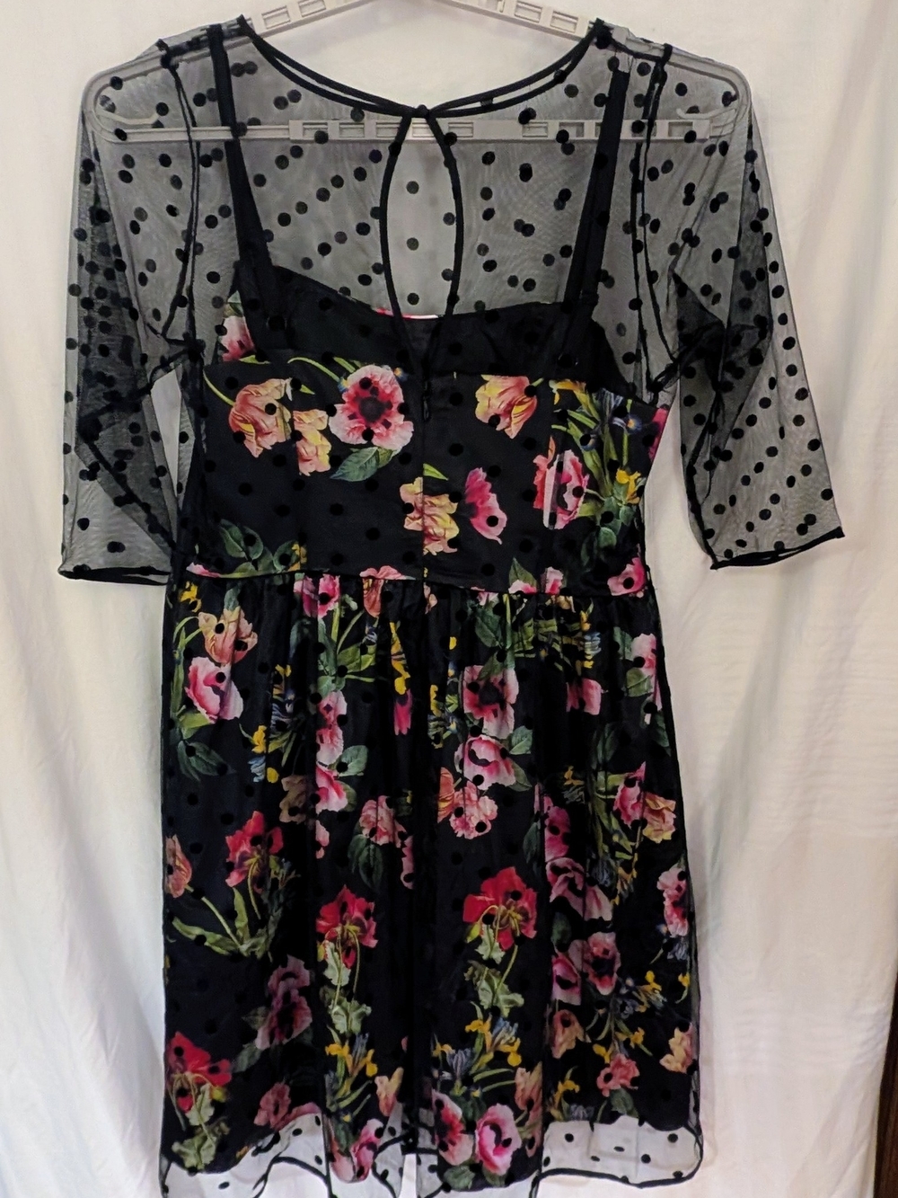 City Chic Black Floral Midi Dress with Sheer Polka Dot Overlay - Picture 2 of 5